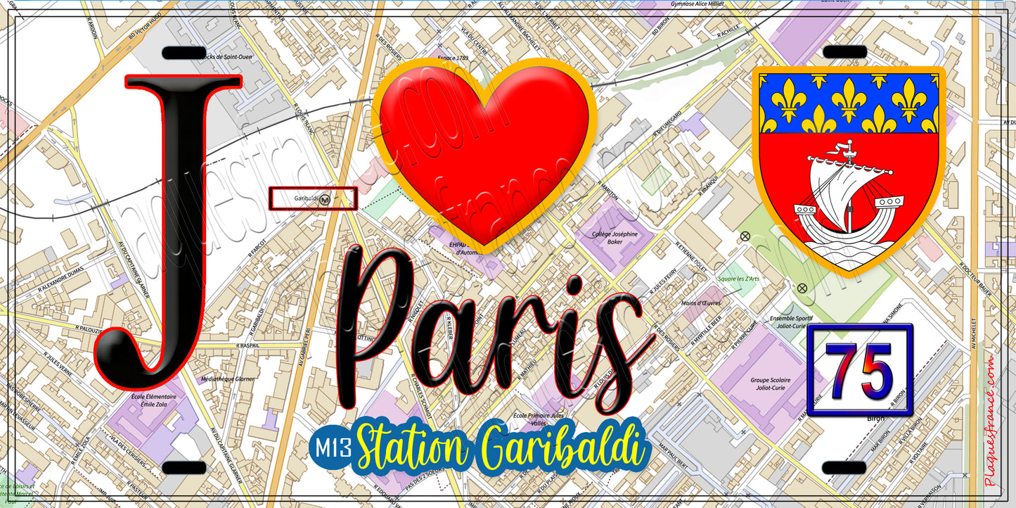 Plaque métal décorative  J' ❤️ Paris : Métro Station Garibaldi
