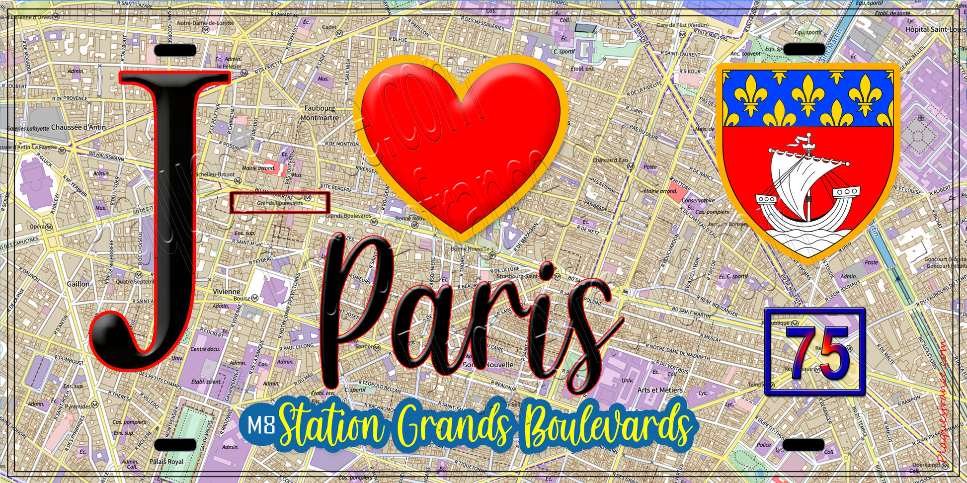 Plaque métal décorative  J' ❤️ Paris : Métro Station Grands Boulevards