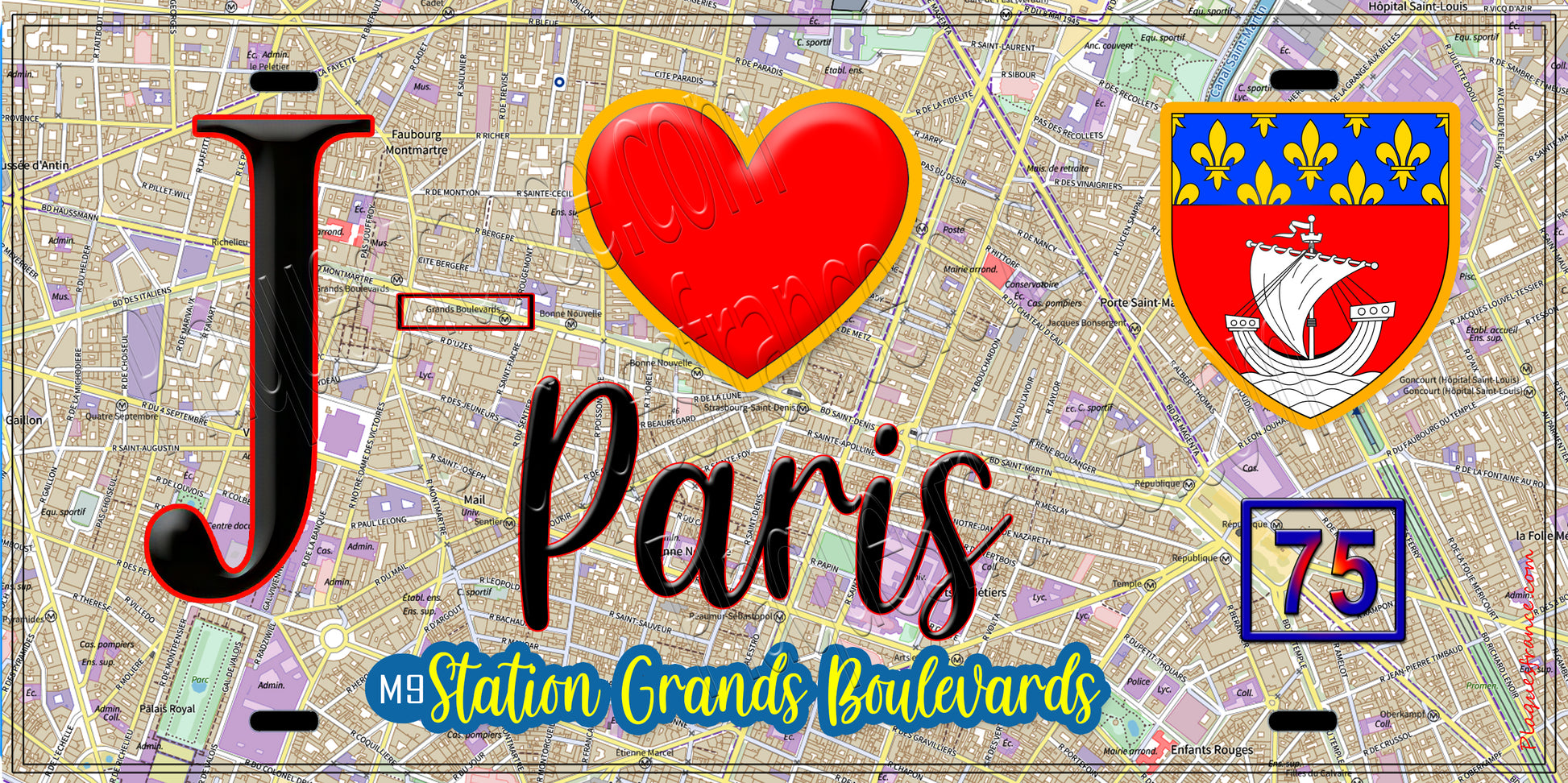 Plaque métal décorative  J' ❤️ Paris : Métro Station Grands Boulevards