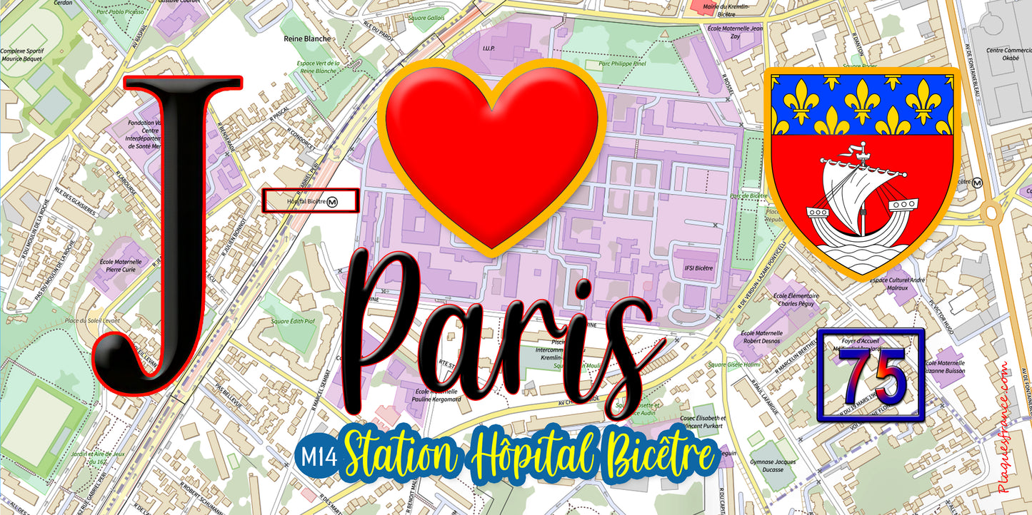 Plaque métal décorative  J' ❤️ Paris : Métro Station Kremlin‑Bicêtre Hôpital