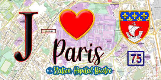 Plaque métal décorative  J' ❤️ Paris : Métro Station Kremlin‑Bicêtre Hôpital