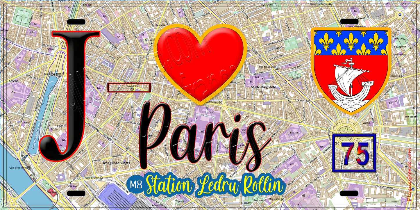 Plaque métal décorative  J' ❤️ Paris : Métro Station Ledru Rollin