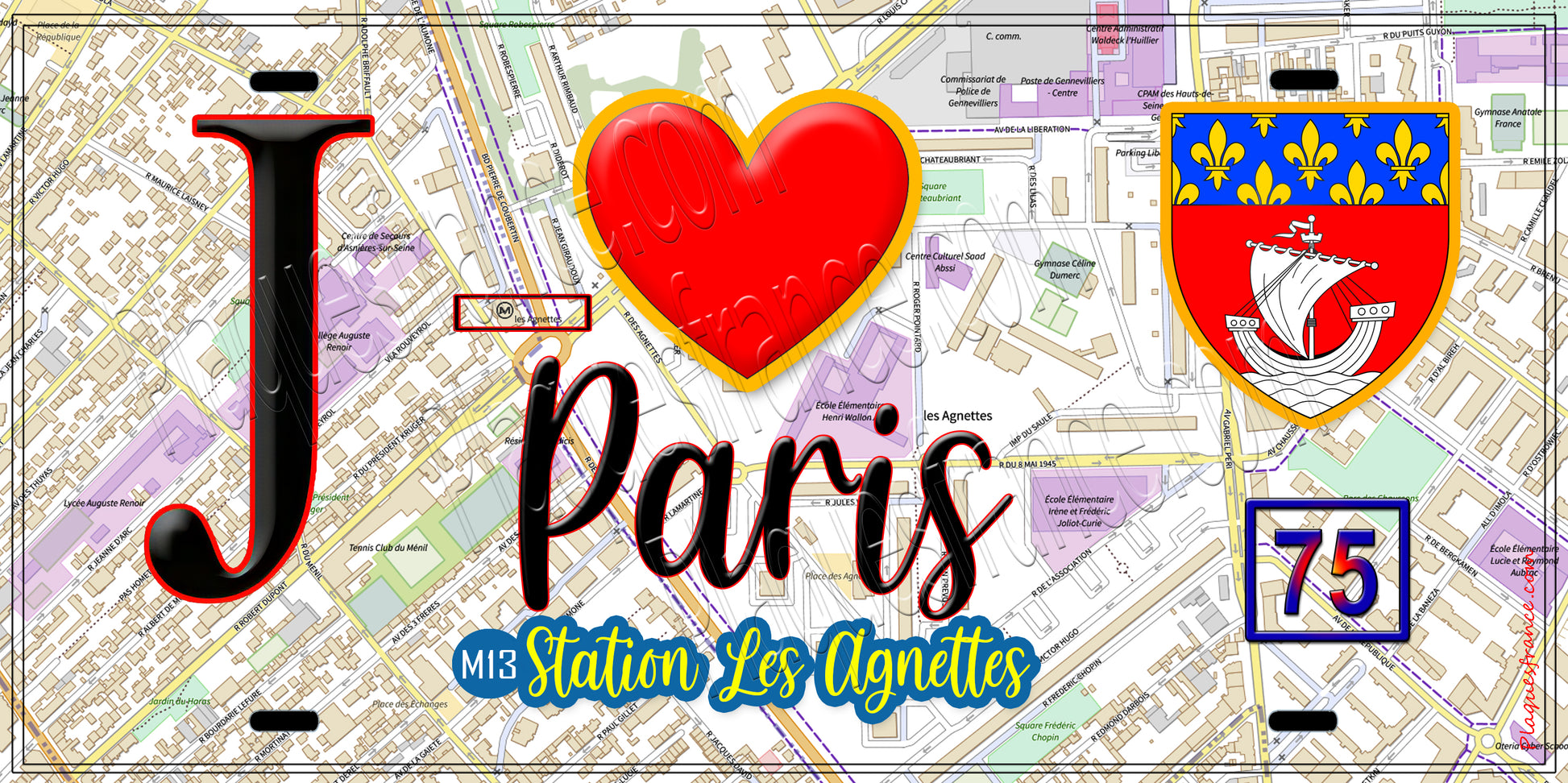 Plaque métal décorative  J' ❤️ Paris : Métro Station Les Agnettes