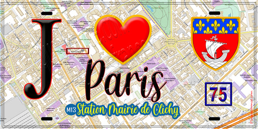 Plaque métal décorative  J' ❤️ Paris : Métro Station Mairie de Clichy