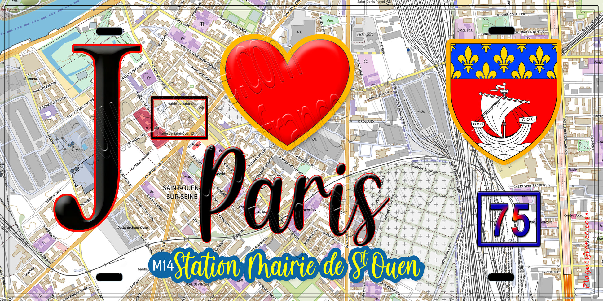 Plaque métal décorative  J' ❤️ Paris : Métro Station Mairie de Saint‑Ouen