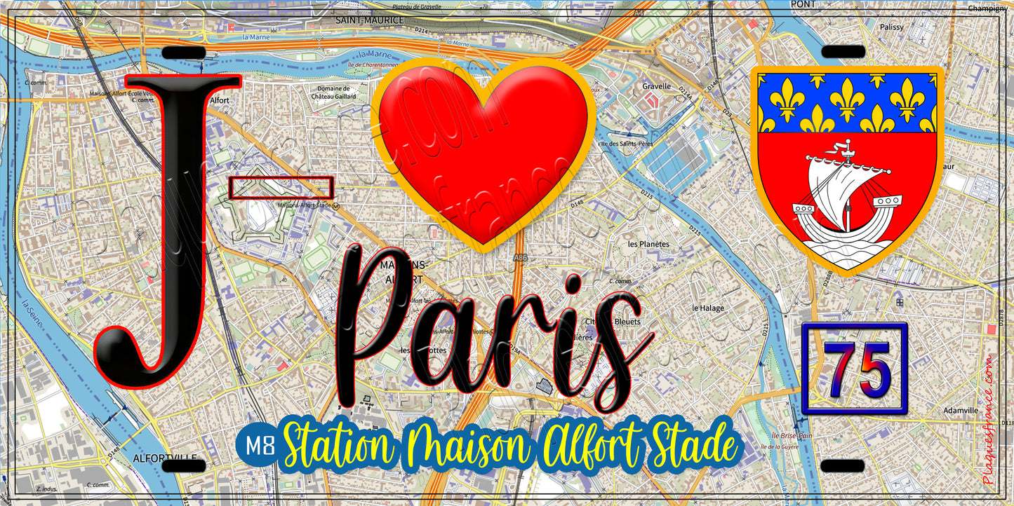 Plaque métal décorative  J' ❤️ Paris : Métro Station Maison Alfort Stade