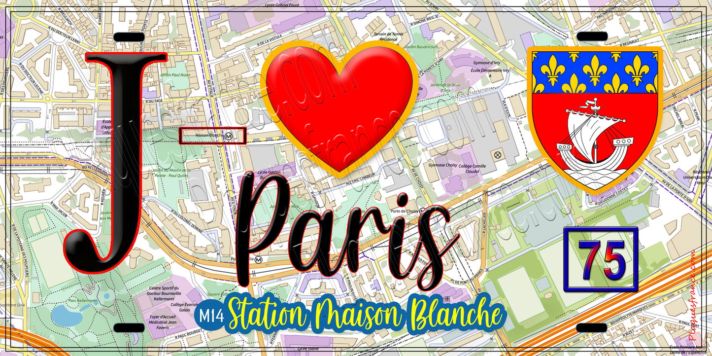 Plaque métal décorative  J' ❤️ Paris : Métro Station Maison Blanche