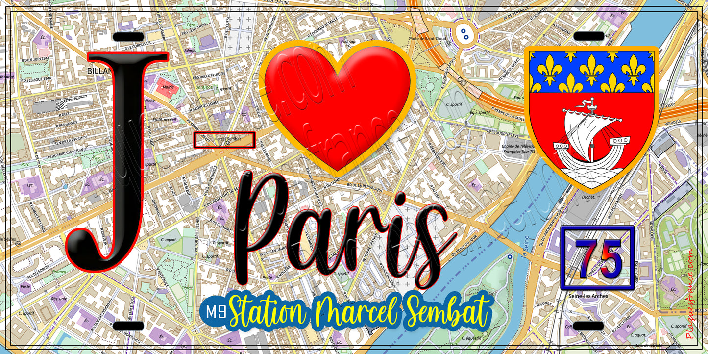 Plaque métal décorative  J' ❤️ Paris : Métro Station Marcel Sembat