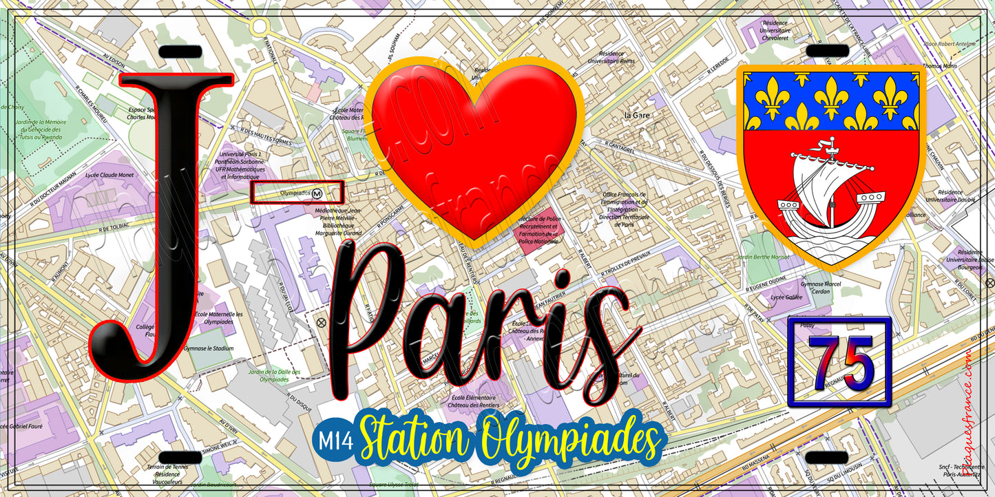 Plaque métal décorative  J' ❤️ Paris : Métro Station Olympiades