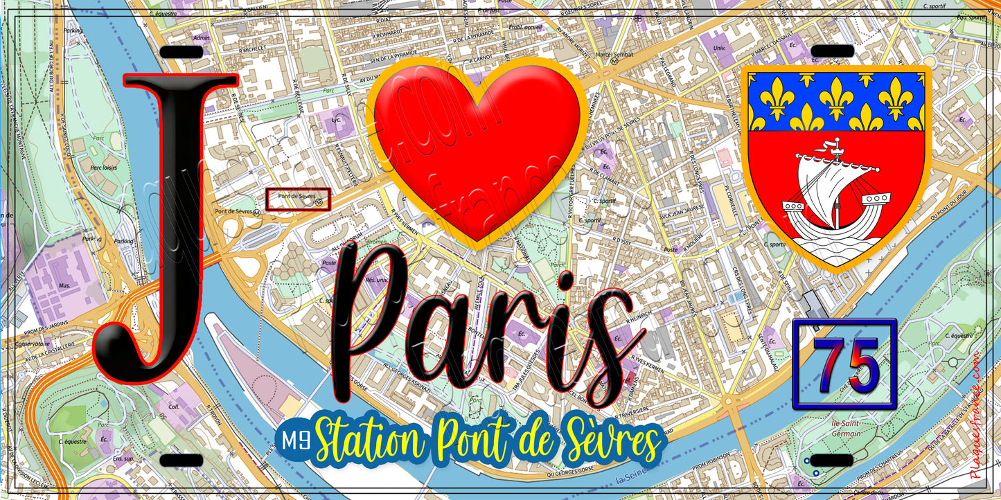 Plaque métal décorative  J' ❤️ Paris : Métro Station Pont de Sèvres