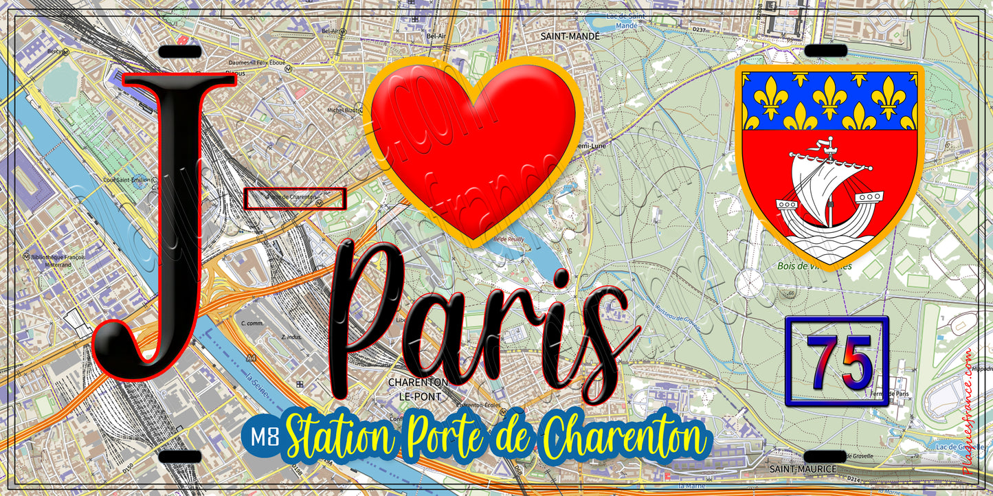 Plaque métal décorative  J' ❤️ Paris : Métro Station Porte de Charenton
