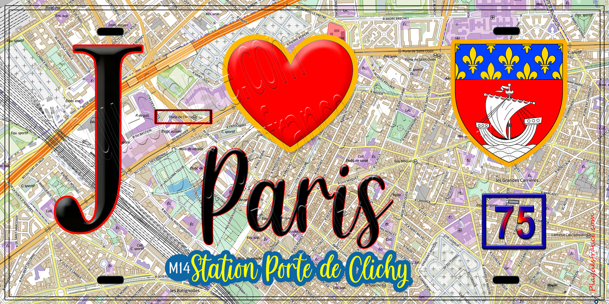 Plaque métal décorative  J' ❤️ Paris : Métro Station Porte de Clichy