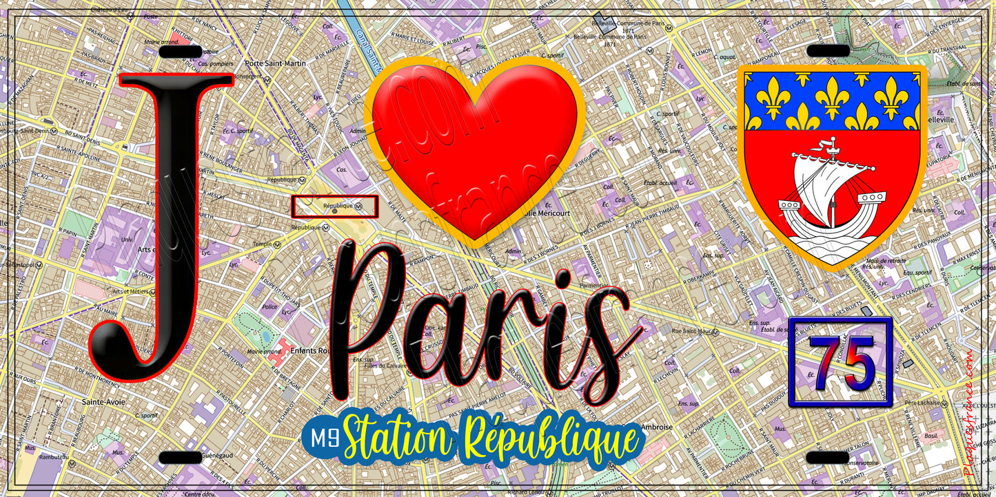 Plaque métal décorative  J' ❤️ Paris : Métro Station République
