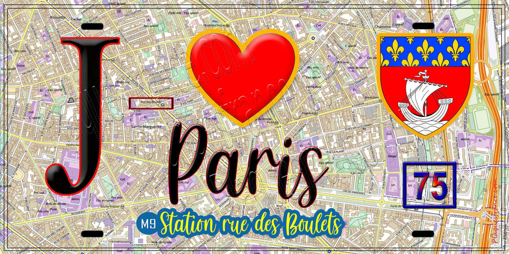 Plaque métal décorative  J' ❤️ Paris : Métro Station Rue des Boulets