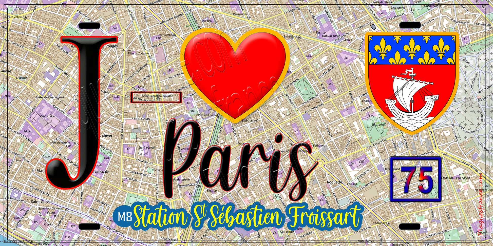 Plaque métal décorative  J' ❤️ Paris : Métro Station Saint Sébastien Froissart