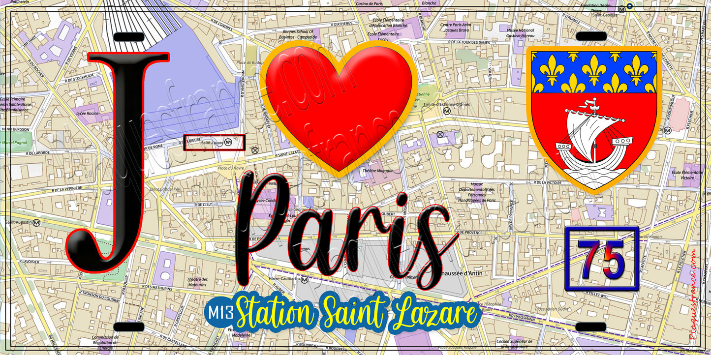 Plaque métal décorative  J' ❤️ Paris : Métro Station Saint‑Lazare
