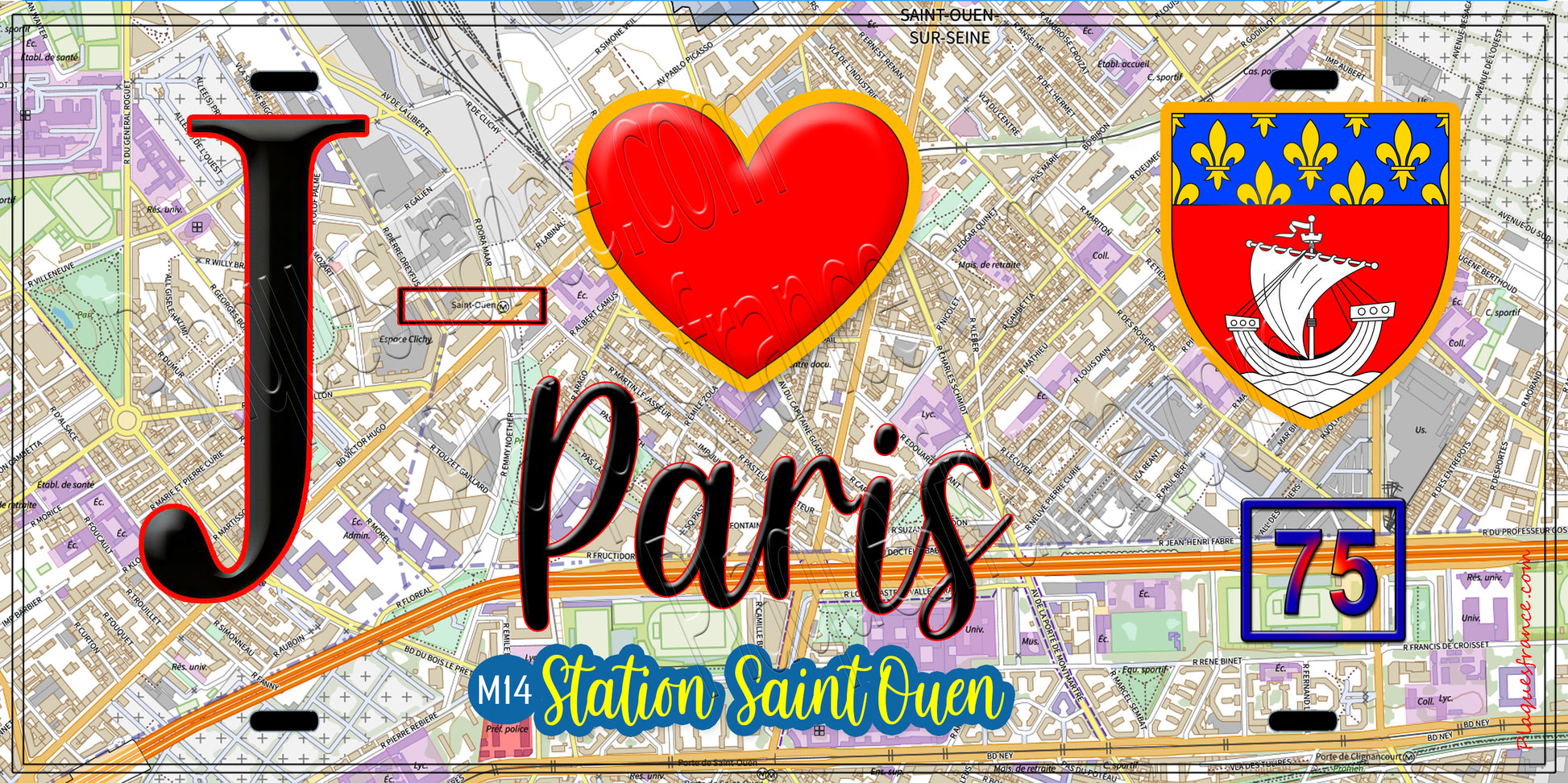 Plaque métal décorative  J' ❤️ Paris : Métro Station Saint‑Ouen