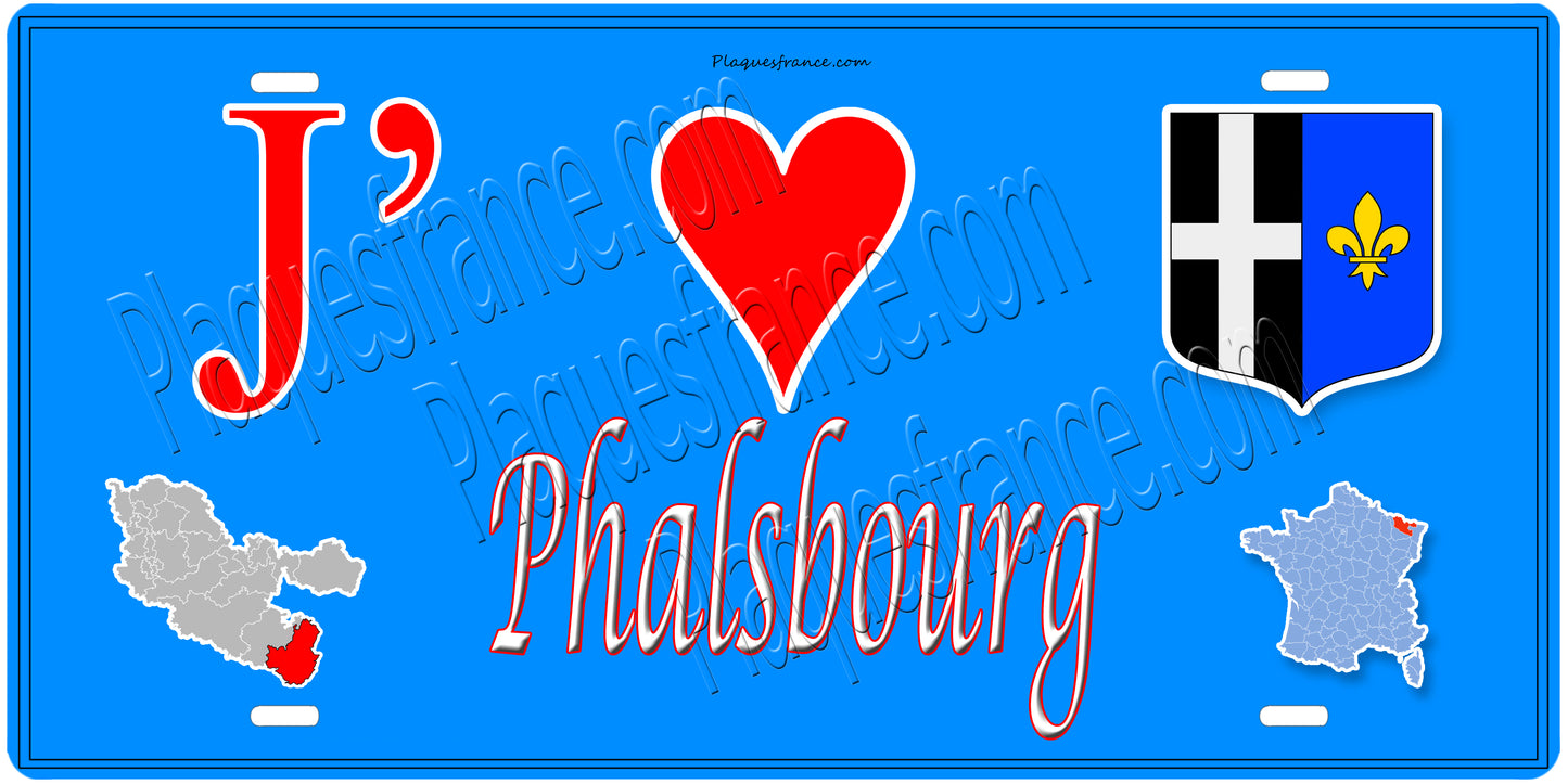 Plaque métal décorative 15 x 30 cm fond  mur bleu carte J' ❤️Phalsbourg, canton Phalsbourg  57