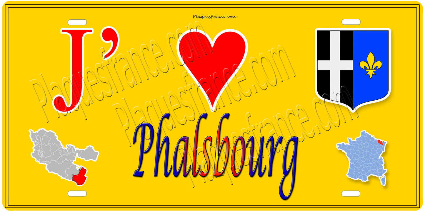 Plaque métal décorative 15 x 30 cm fond  mur jaune carte J' ❤️Phalsbourg, canton Phalsbourg  57