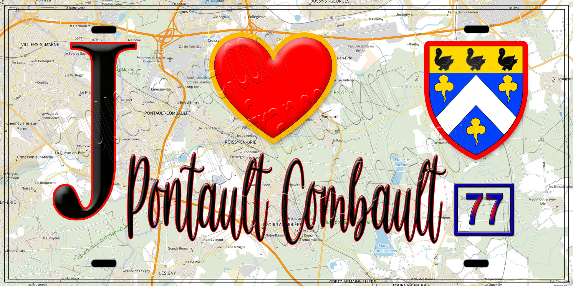 Plaque métal décorative  J' ❤️ Pontault-Combault, Seine et Marne (77)