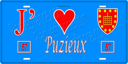Plaque métal décorative 15 x 30 cm fond bleu 57 J' ❤️Puzieux, canton du Saulnois Moselle 57