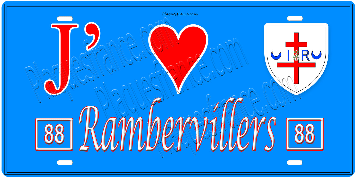 Plaque métal décorative, J' ❤️Rambervillers, fond  mur bleu 88