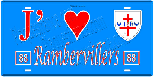 Plaque métal décorative, J' ❤️Rambervillers, fond  mur bleu 88