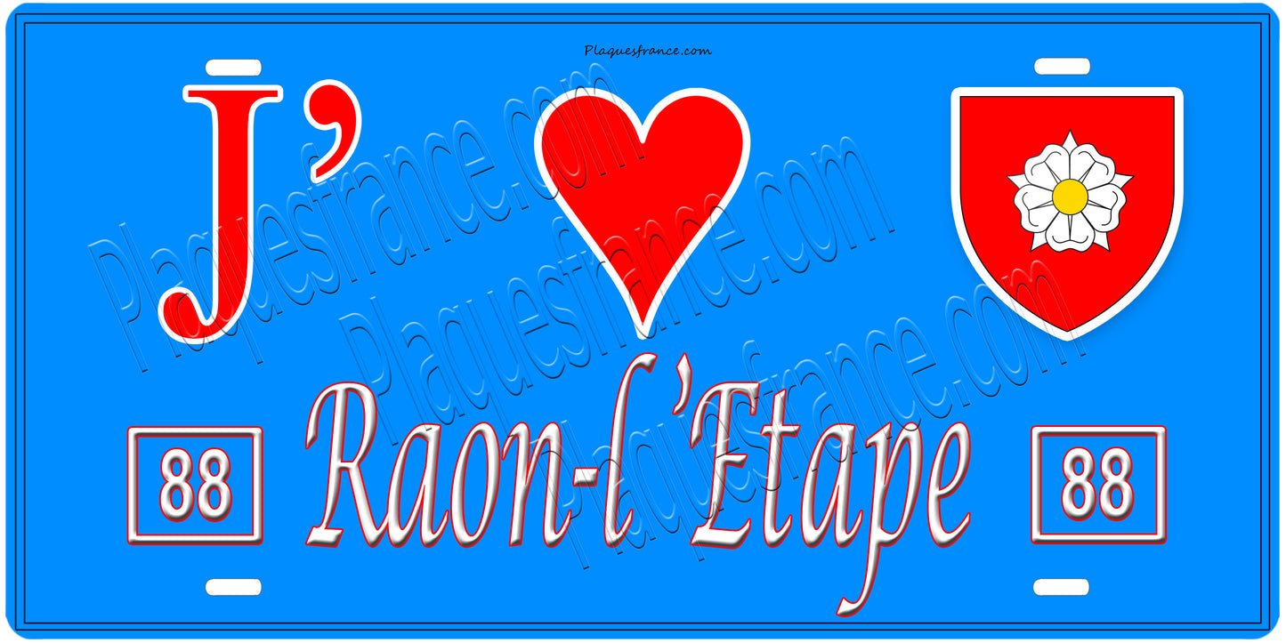 Plaque métal décorative, J' ❤️Raon-l'Étape, fond  mur bleu 88
