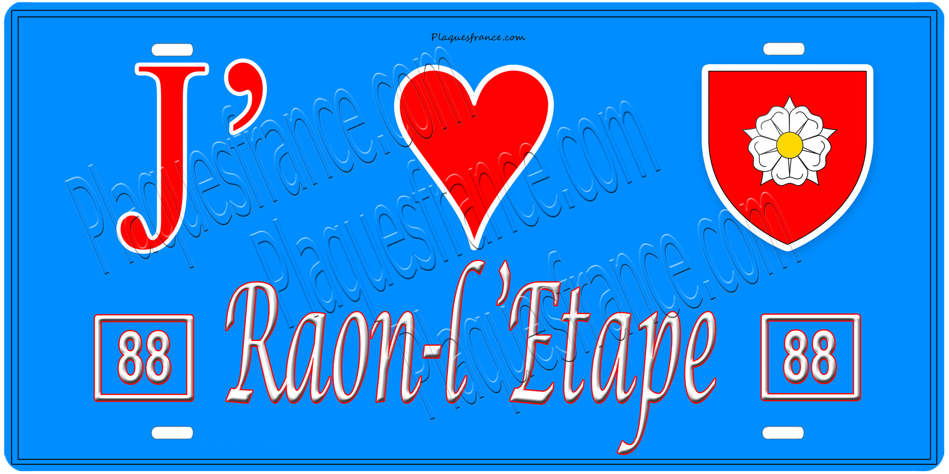 Plaque métal décorative, J' ❤️Raon-l'Étape, fond  mur bleu 88
