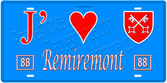 Plaque métal décorative, J' ❤️Remiremont, fond  mur bleu 88