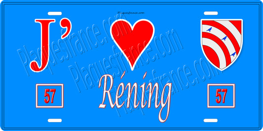 Plaque métal décorative 15 x 30 cm fond bleu 57 J' ❤️Réning, canton du Saulnois Moselle 57