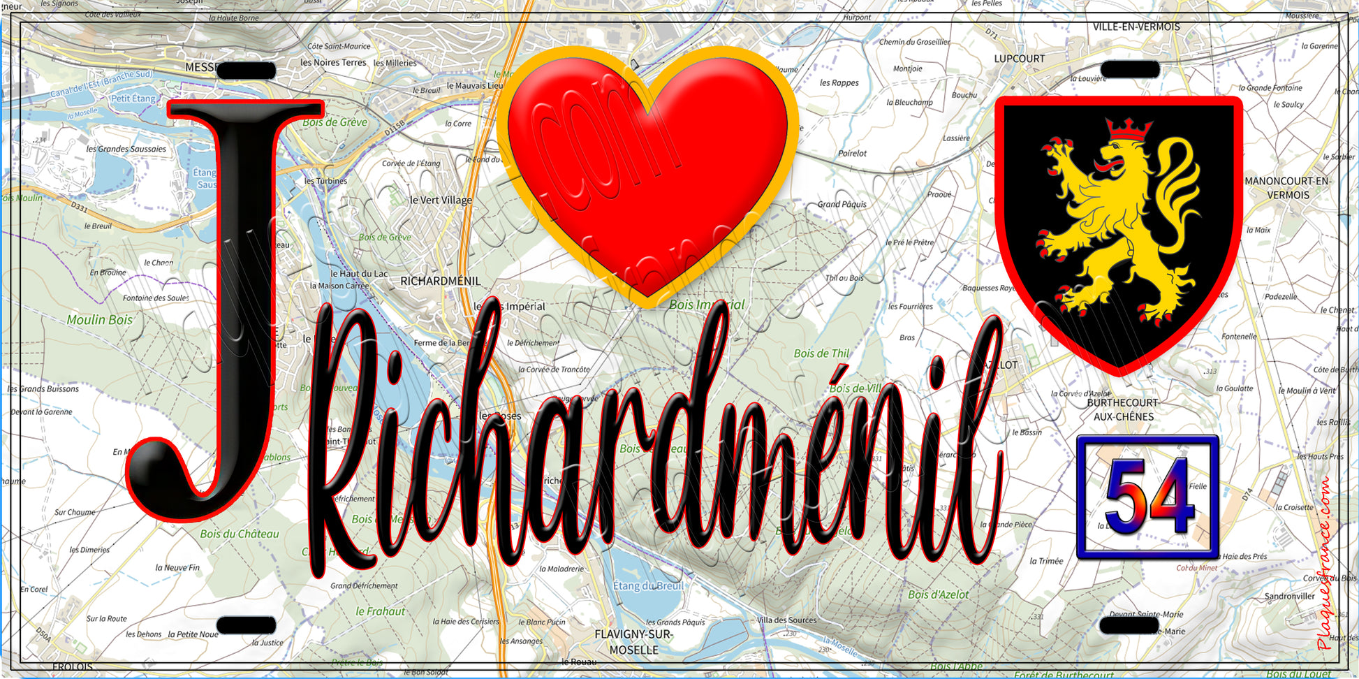 Plaque métal décorative  J' ❤️ Richardménil, Meurthe et Moselle (54)