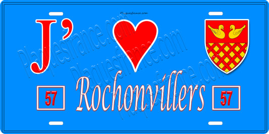 Plaque métal décorative, J' ❤️Rochonvillers, Moselle, fond  mur bleu 57
