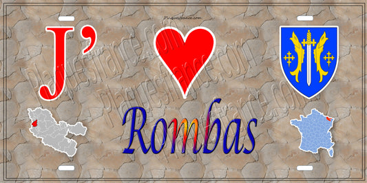 Plaque métal décorative 15 x 30 cm fond mur antique carte J' ❤️ Rombas, canton Rombas Moselle 57