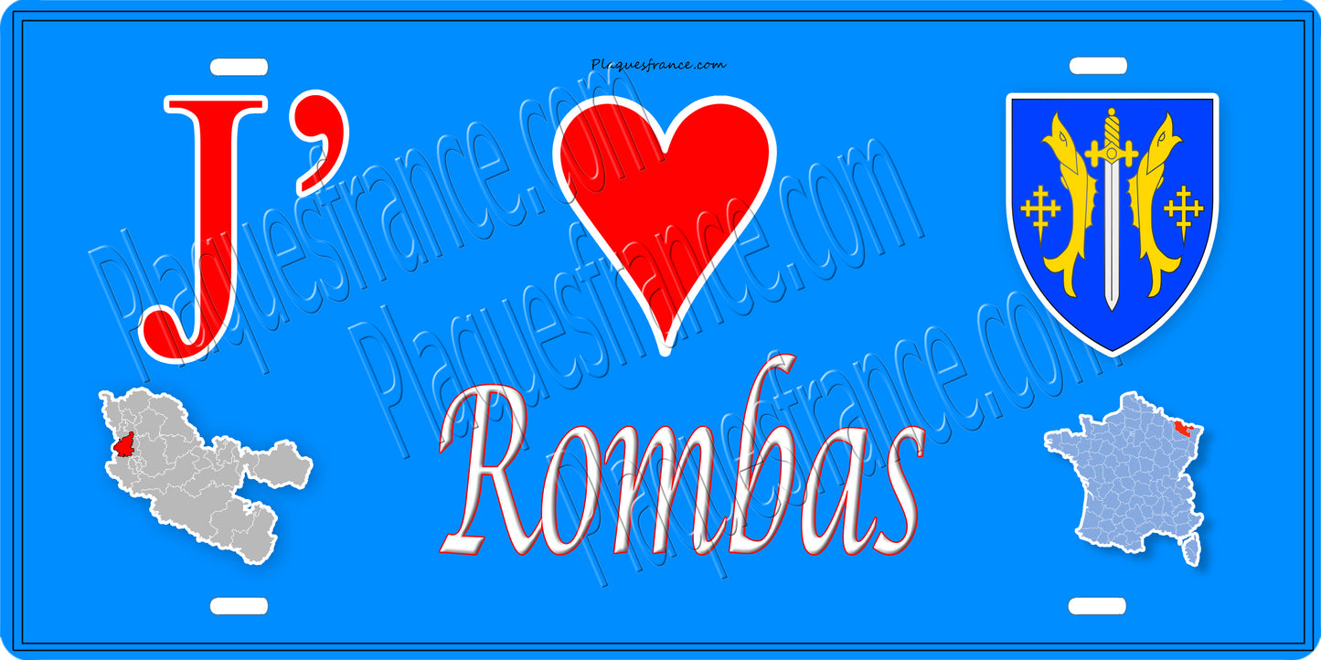 Plaque métal décorative 15 x 30 cm fond mur bleu carte J' ❤️ Rombas, canton Rombas Moselle 57