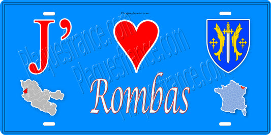 Plaque métal décorative 15 x 30 cm fond mur bleu carte J' ❤️ Rombas, canton Rombas Moselle 57