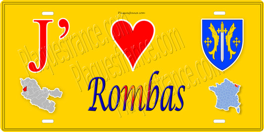 Plaque métal décorative 15 x 30 cm fond mur jaune carte J' ❤️ Rombas, canton Rombas Moselle 57