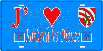 Plaque métal décorative 15 x 30 cm fond bleu 57 J' ❤️Rorbach lès Dieuze , canton du Saulnois Moselle 57