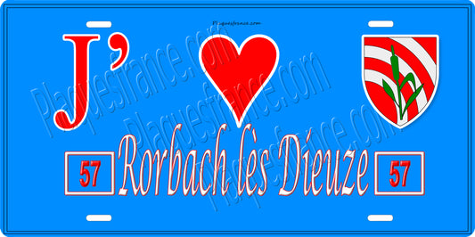 Plaque métal décorative 15 x 30 cm fond bleu 57 J' ❤️Rorbach lès Dieuze , canton du Saulnois Moselle 57