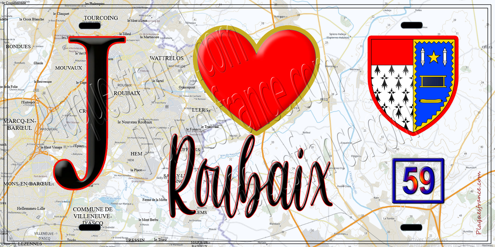 Plaque métal décorative  J' ❤️ Roubaix, Nord (59)