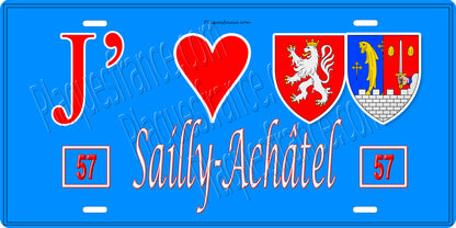 Plaque métal décorative 15 x 30 cm fond bleu 57 J' ❤️Sailly Achâtel , canton du Saulnois Moselle 57