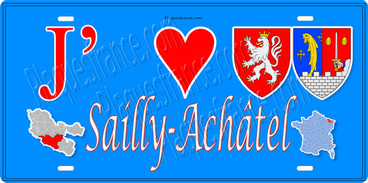Plaque métal décorative 15 x 30 cm fond bleu carte J' ❤️ Sailly-Achâtel, canton du Saulnois Moselle 57