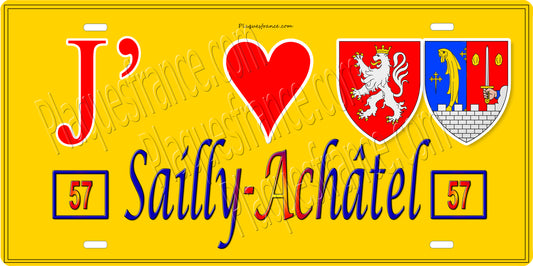 Plaque métal décorative 15 x 30 cm fond jaune 57 J' ❤️ Sailly-Achâtel, canton du Saulnois Moselle 57