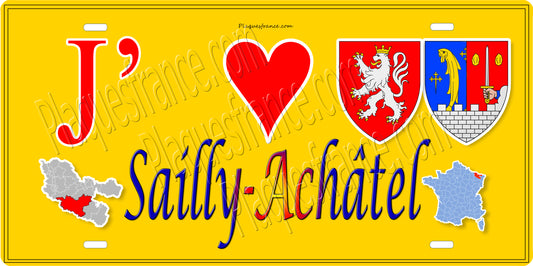 Plaque métal décorative 15 x 30 cm fond jaune carte J' ❤️ Sailly-Achâtel, canton du Saulnois Moselle 57