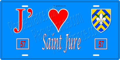 Plaque métal décorative 15 x 30 cm fond bleu 57 J' ❤️Saint Jure , canton du Saulnois Moselle 57