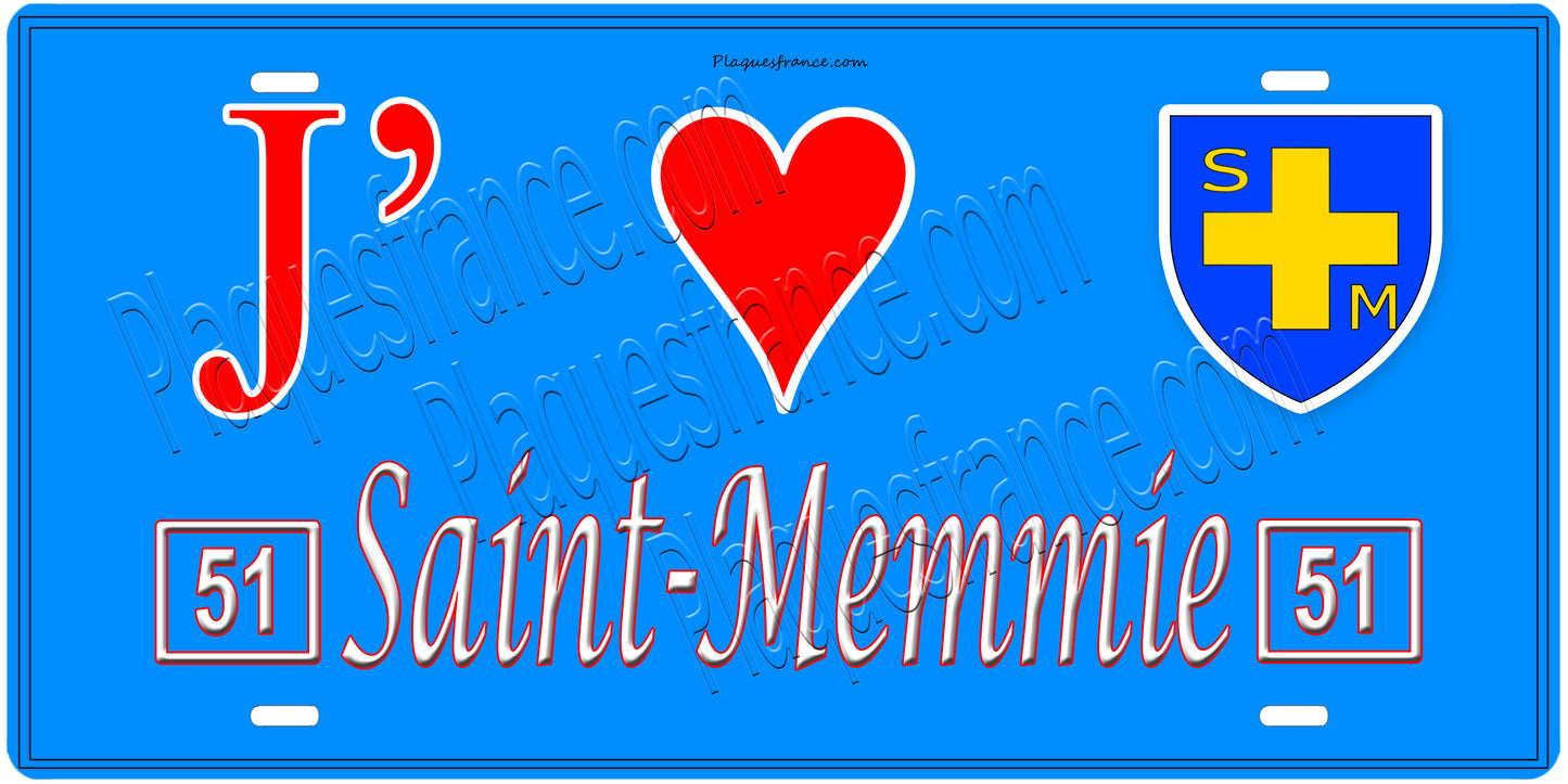 Plaque métal décorative, J' ❤️Saint-Memmie, Marne, fond  mur bleu 51