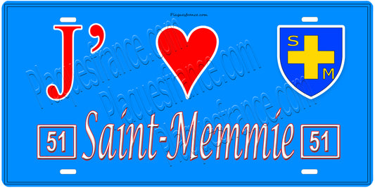 Plaque métal décorative, J' ❤️Saint-Memmie, Marne, fond  mur bleu 51