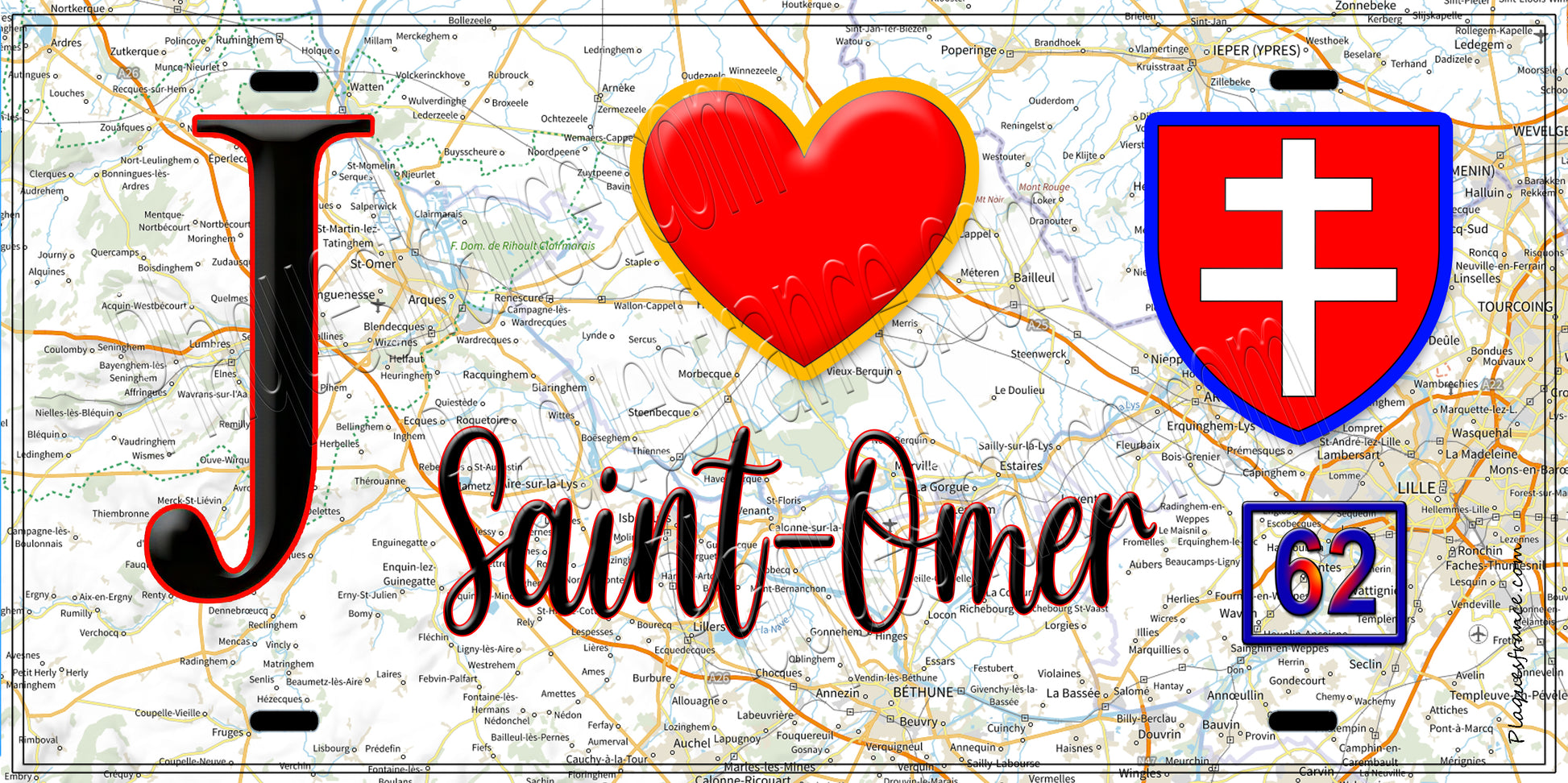 Plaque métal décorative  J' ❤️ Saint Omer, Pas de Calais (62)