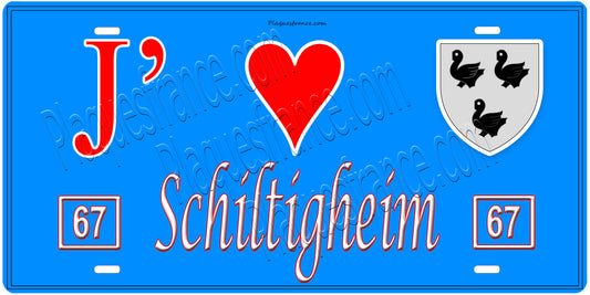 Plaque métal décorative, J' ❤️Schiltigheim, Bas Rhin, fond  mur bleu 67