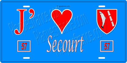 Plaque métal décorative 15 x 30 cm fond bleu 57 J' ❤️Secourt , canton du Saulnois Moselle 57